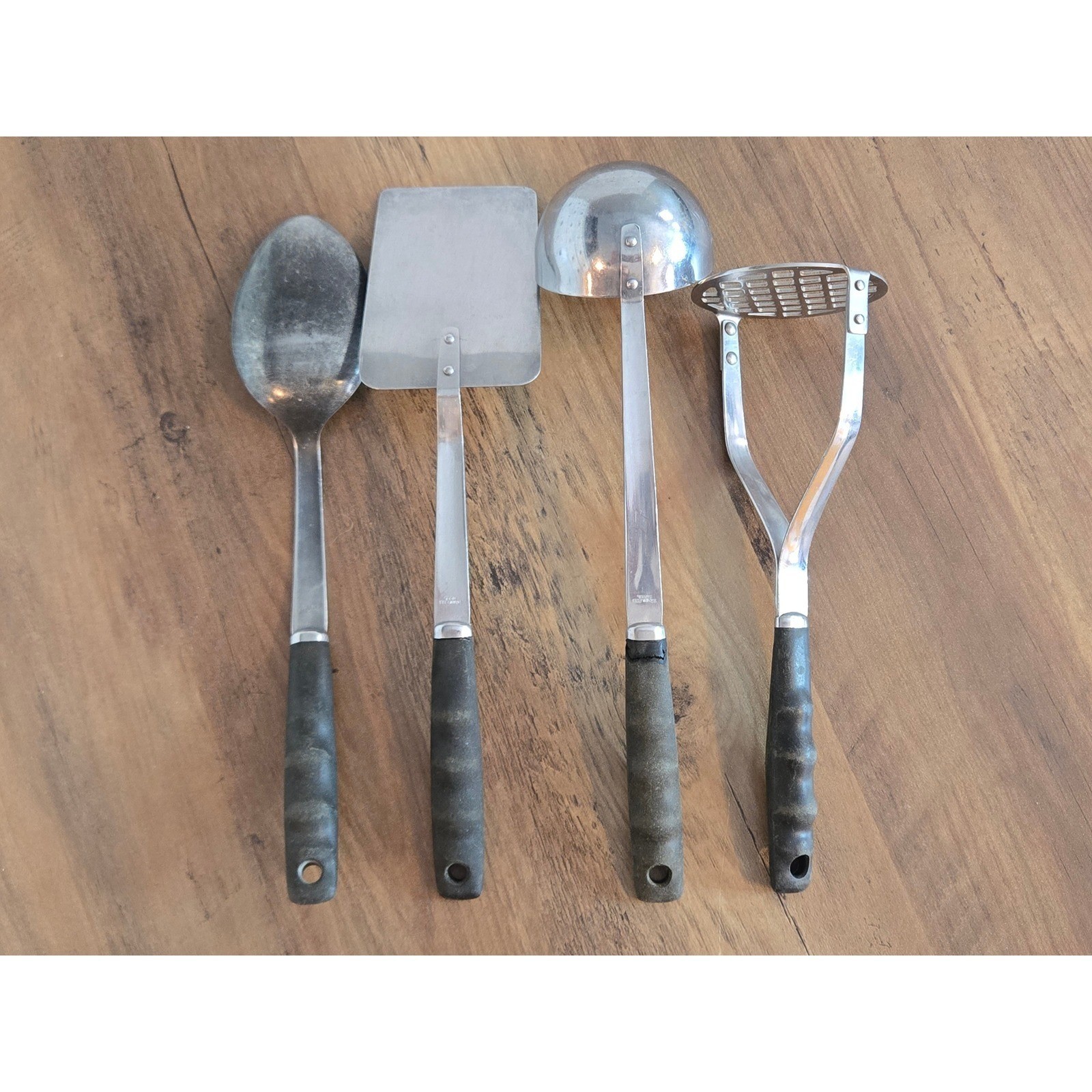 Vintage Stainless Steel Kitchen Utensil Set 4pc Spatula Ladle Spoon Masher Black gallery