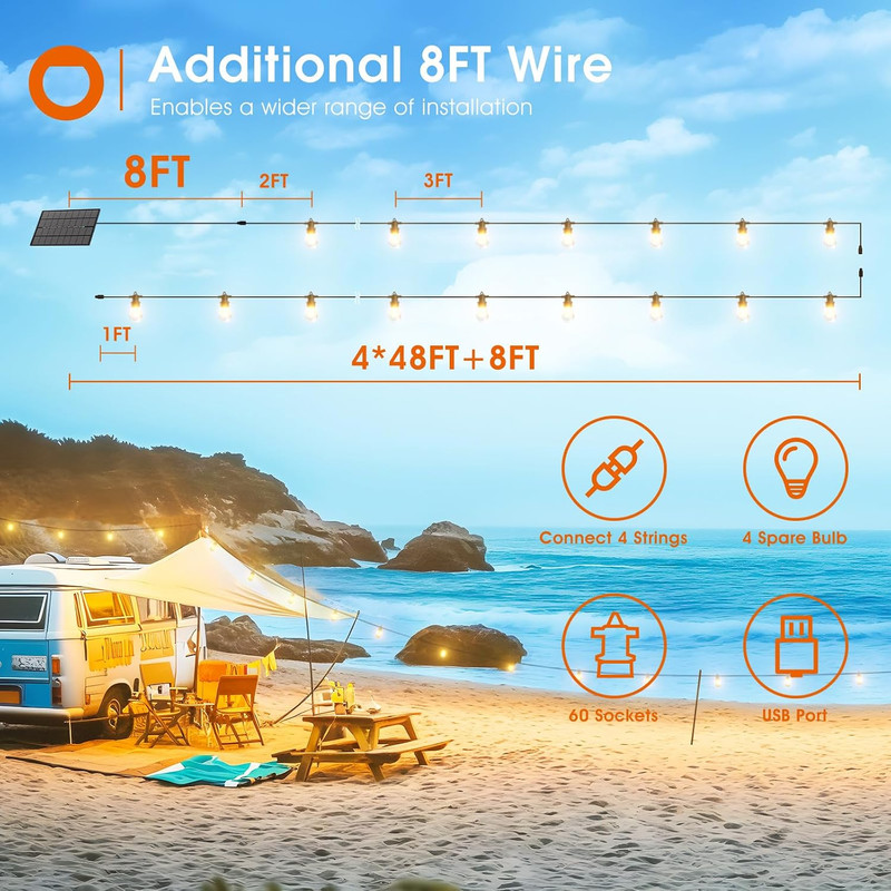 addlon 200FT(192+8) Solar String Lights Outdoor Waterproof with 6W Panel USB & R gallery
