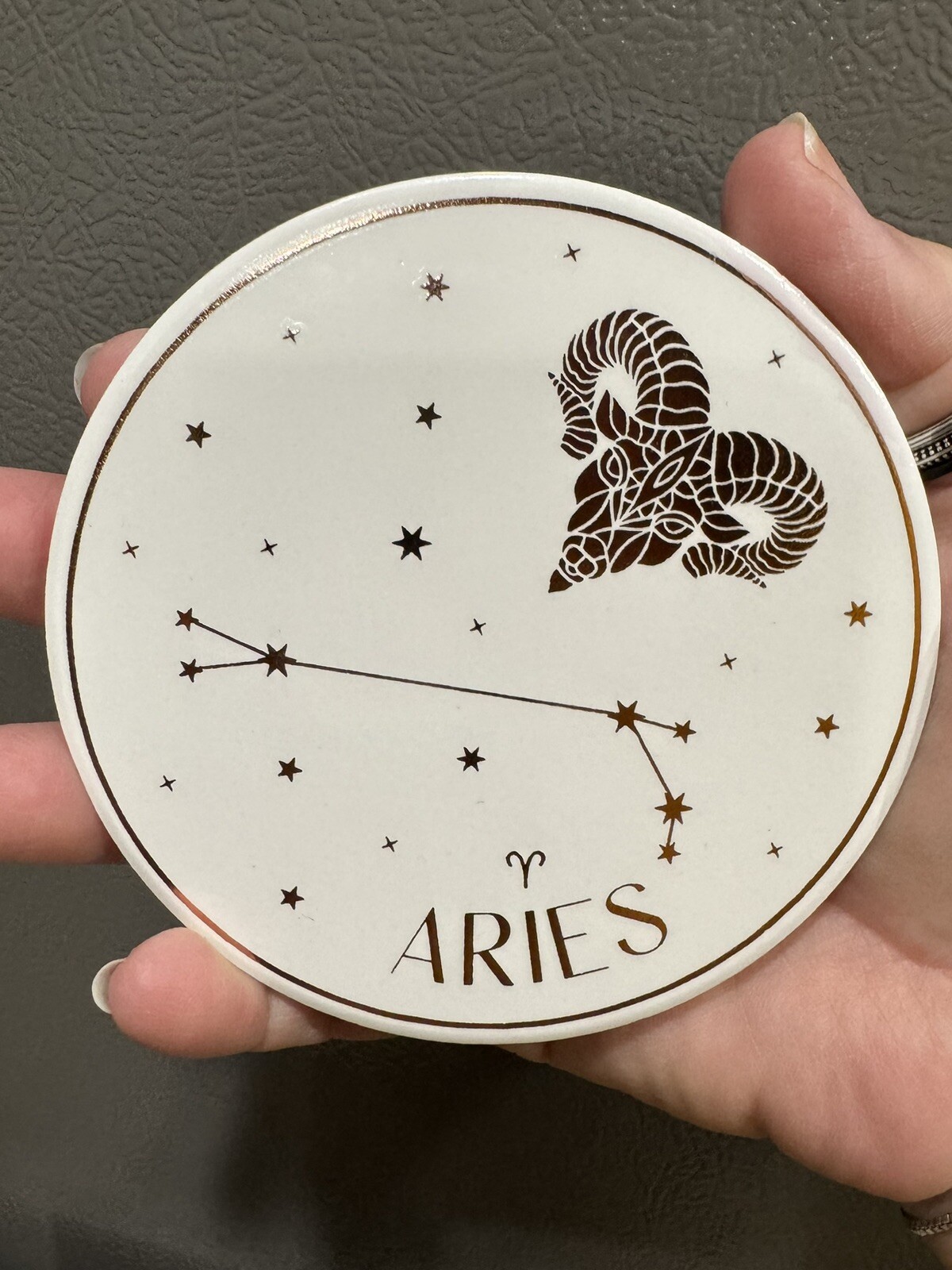 NIB Greenline Goods 4 Horoscope Ceramic Coasters Aries 4” Round w/Metal Holder gallery