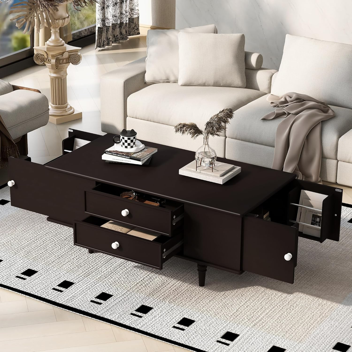 Vintage Brown Coffee Table with 4 Drawers & Hidden Storage, Easy Assembly gallery