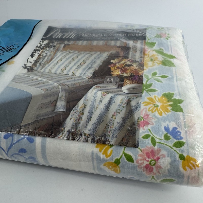 Pacific Miracale Double Fitted Sheet Paper Rose Floral BRAND NEW Vtg Linen NOS gallery