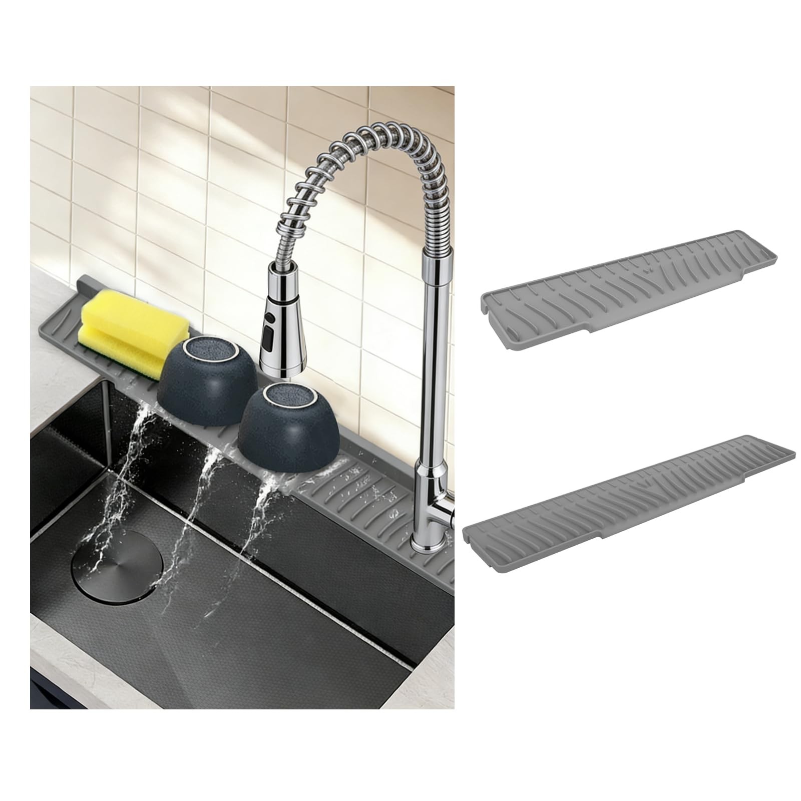 2-Piece Sink Splash Guard – Upgraded Silicone Draining Mats, Faucet Draining ... gallery
