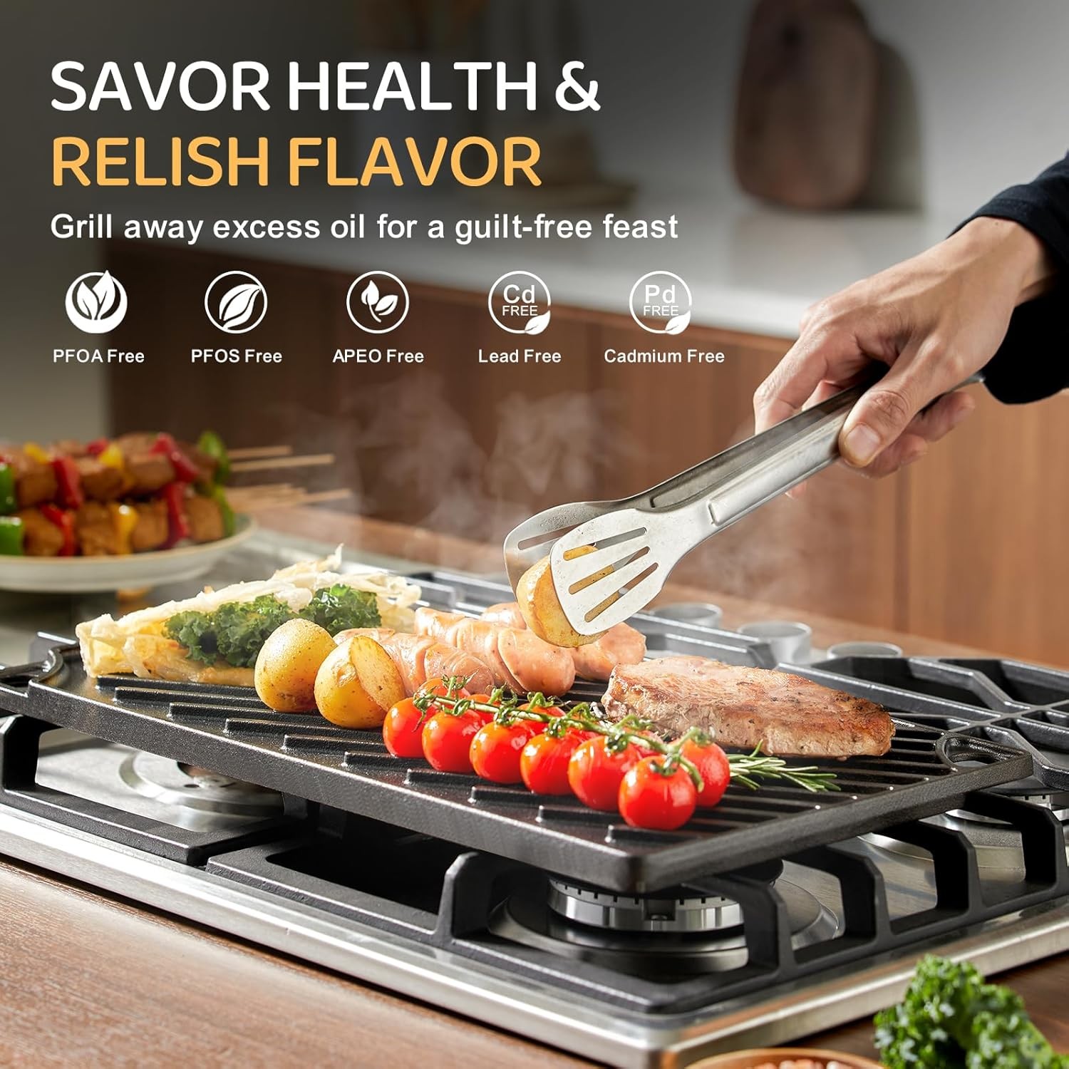 Reversible Grill/Griddle 16.7x9.5'' Pre-Seasoned Cast Iron Griddle Pan Double gallery