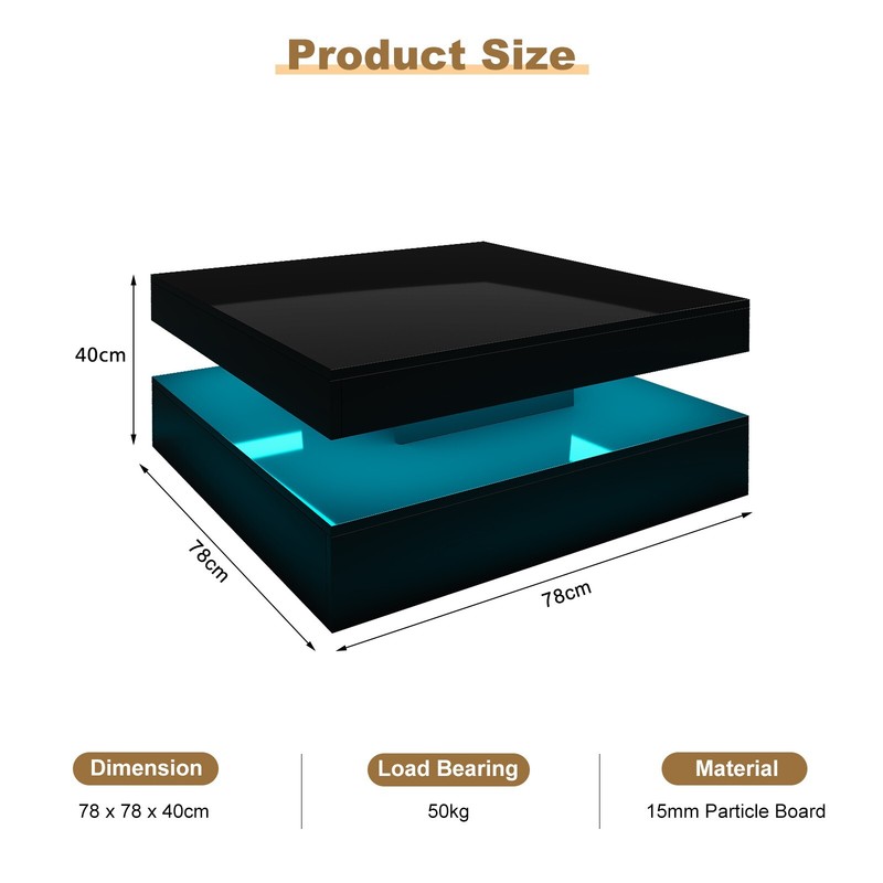 Square Coffee Table with LED Lights High Gloss Center Cocktail Table 2-Tier Whit gallery
