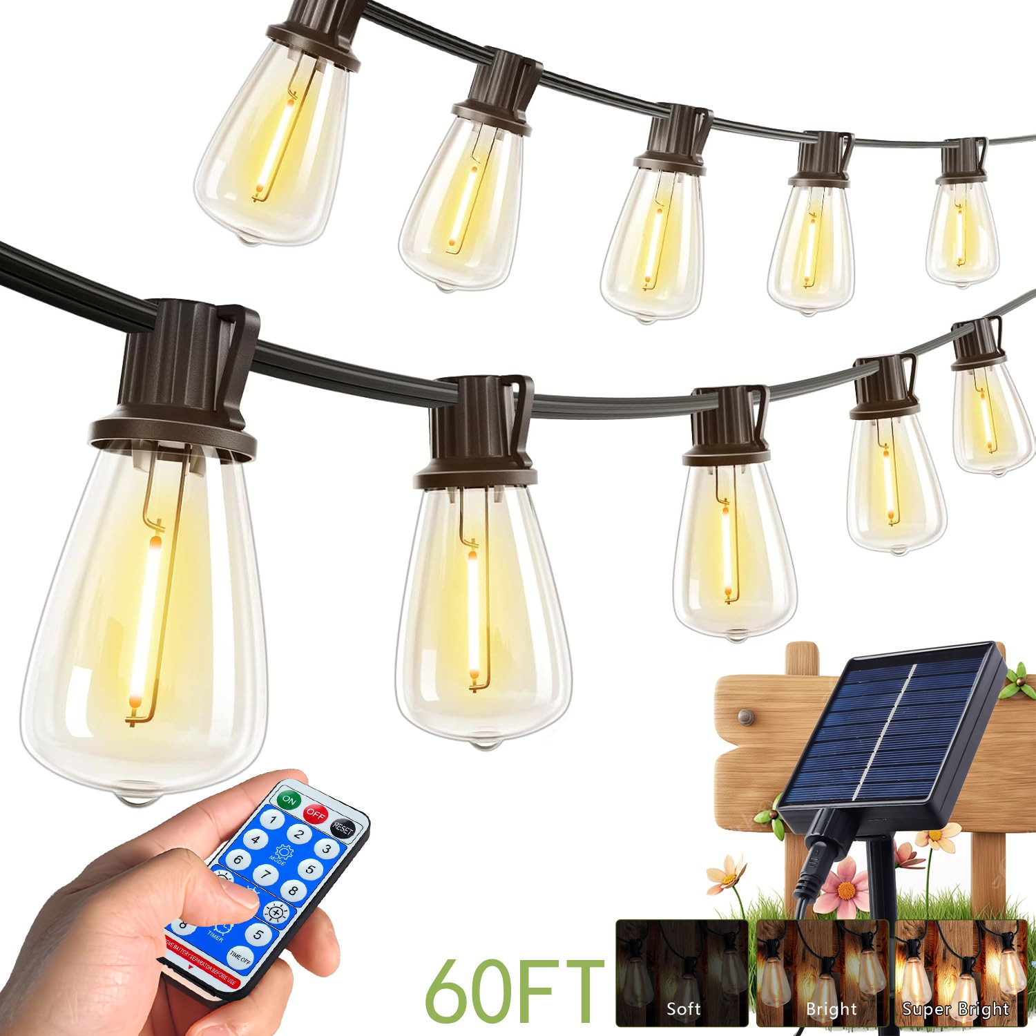 60FT Solar String Lights Outdoor Waterproof Patio w Remote Control 16 ST38 Bulbs gallery