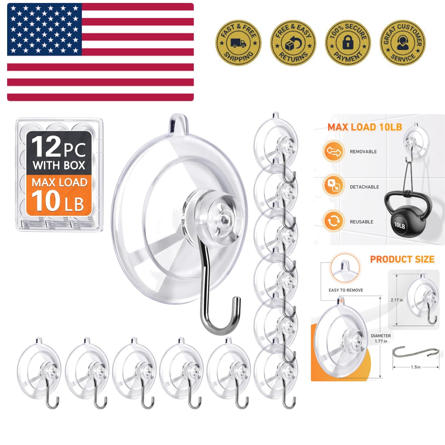 Suction Cup Hooks 12Pack - Max Load 10LB, 1.77Inch Clear Medium Suction Cups,... gallery