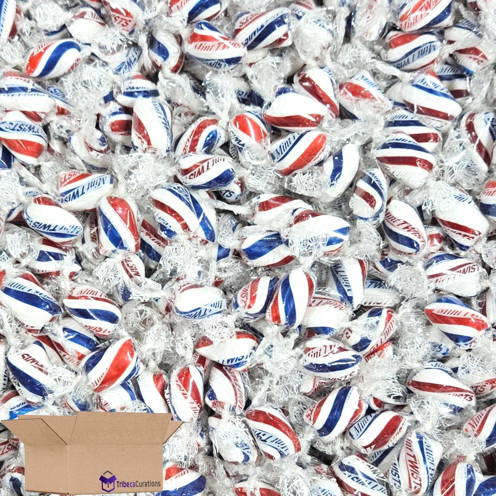 Red, Blue, & White Cylinder Shaped Mint Candy Twists, 1lb. gallery