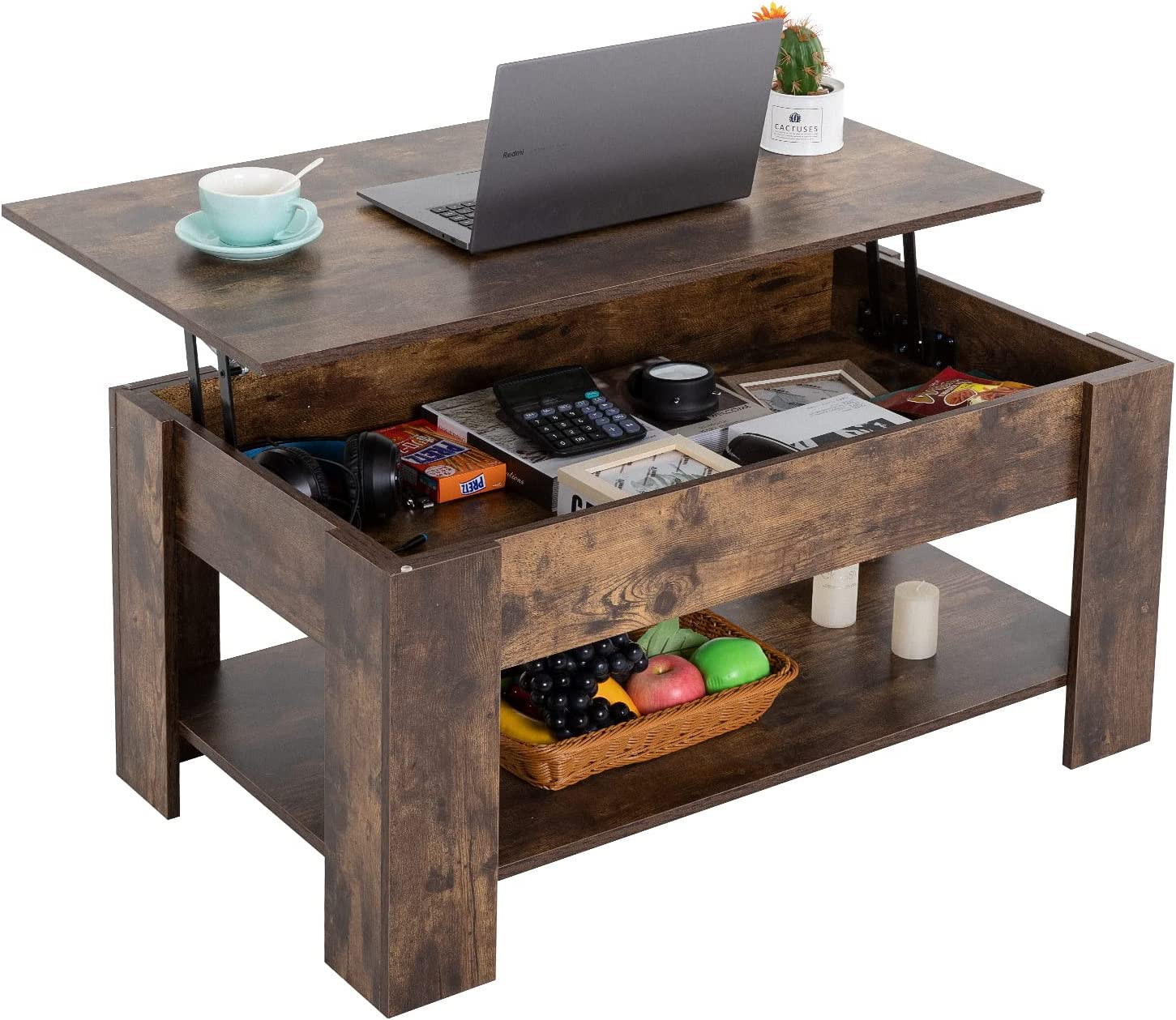 Lift Top Coffee Table with Hidden Storage - Brown Wooden Design for Living Room gallery