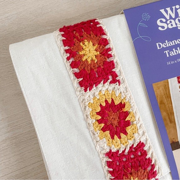 NEW Wild Sage Delaney Crochet Table Runner with Tassels 14 in x 90 in gallery