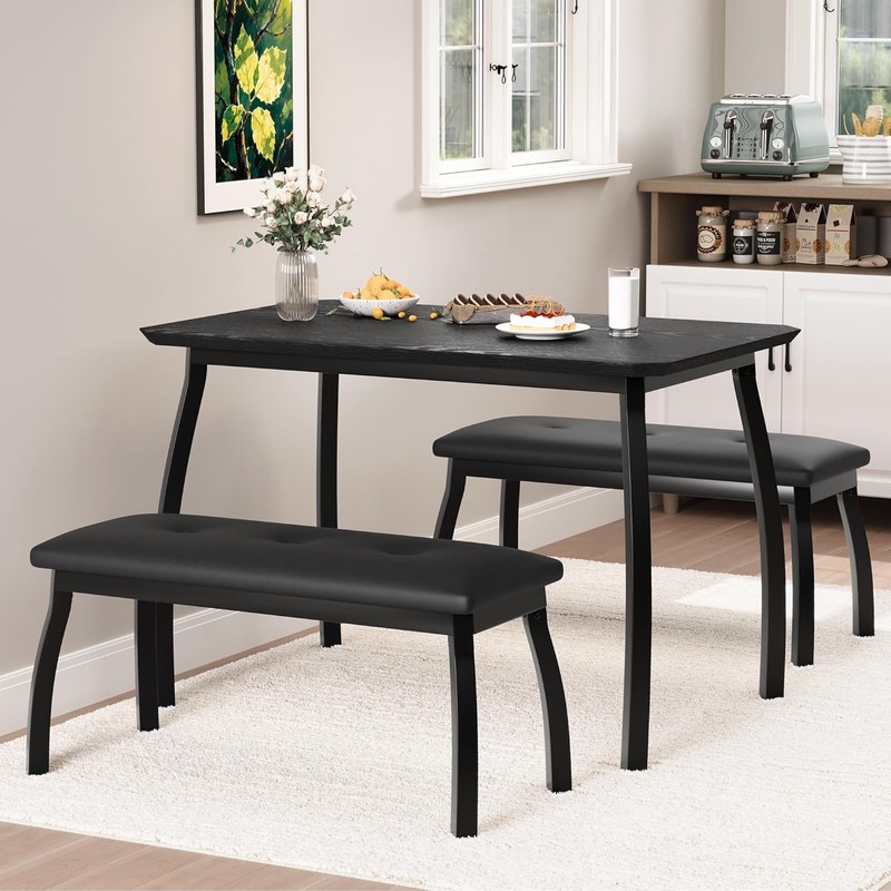 3 Pcs Dining Table Set with 2 Bench, Space Saving Kitchen Dining Room Furniture gallery