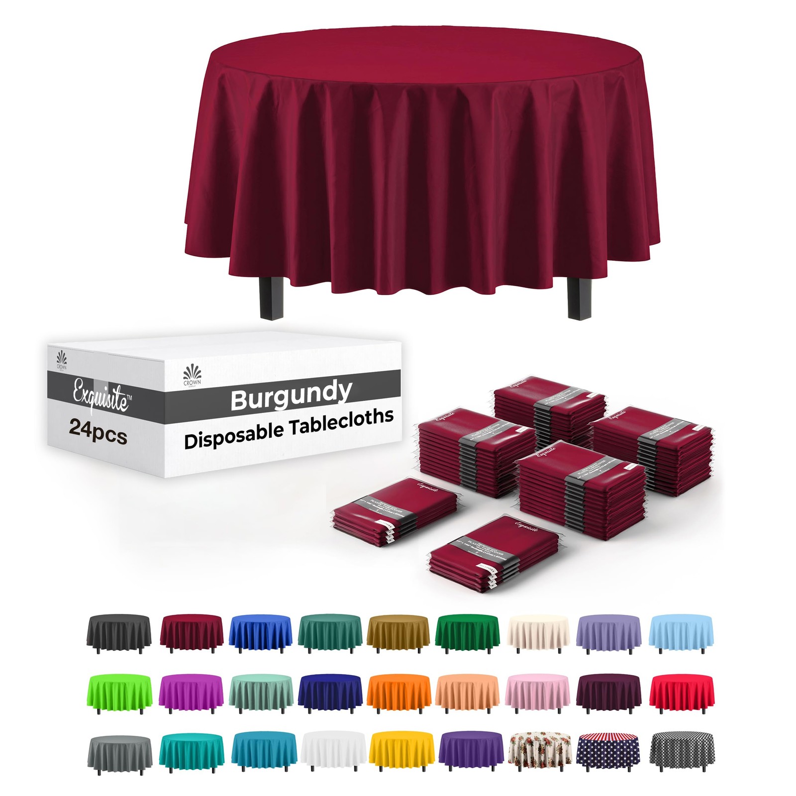 24 PCS Party Solids Burgundy Round Plastic Tablecloth 84 Inch Waterproof gallery