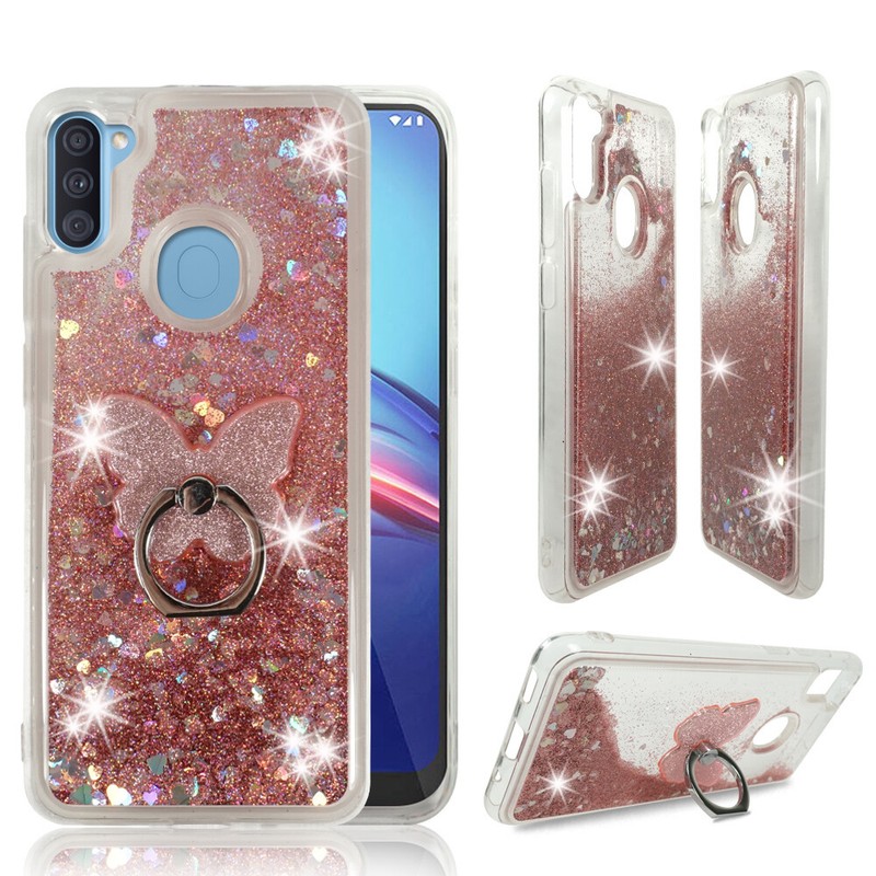 For Samsung Galaxy A11, Liquid Glitter Bling Clear Protective Case Ring Stand gallery