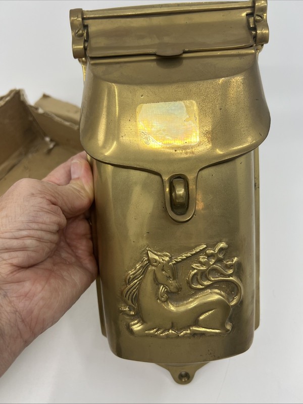 VTG Antique Solid Brass Mail Box Wall Mount Embossed RARE Unicorn Design 11x5 gallery
