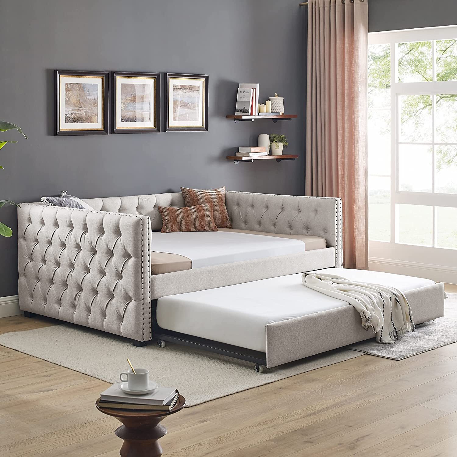 Upholstered Daybed with Trundle Twin/Full Size Day Bed Tufted Sofa Bed Furniture gallery