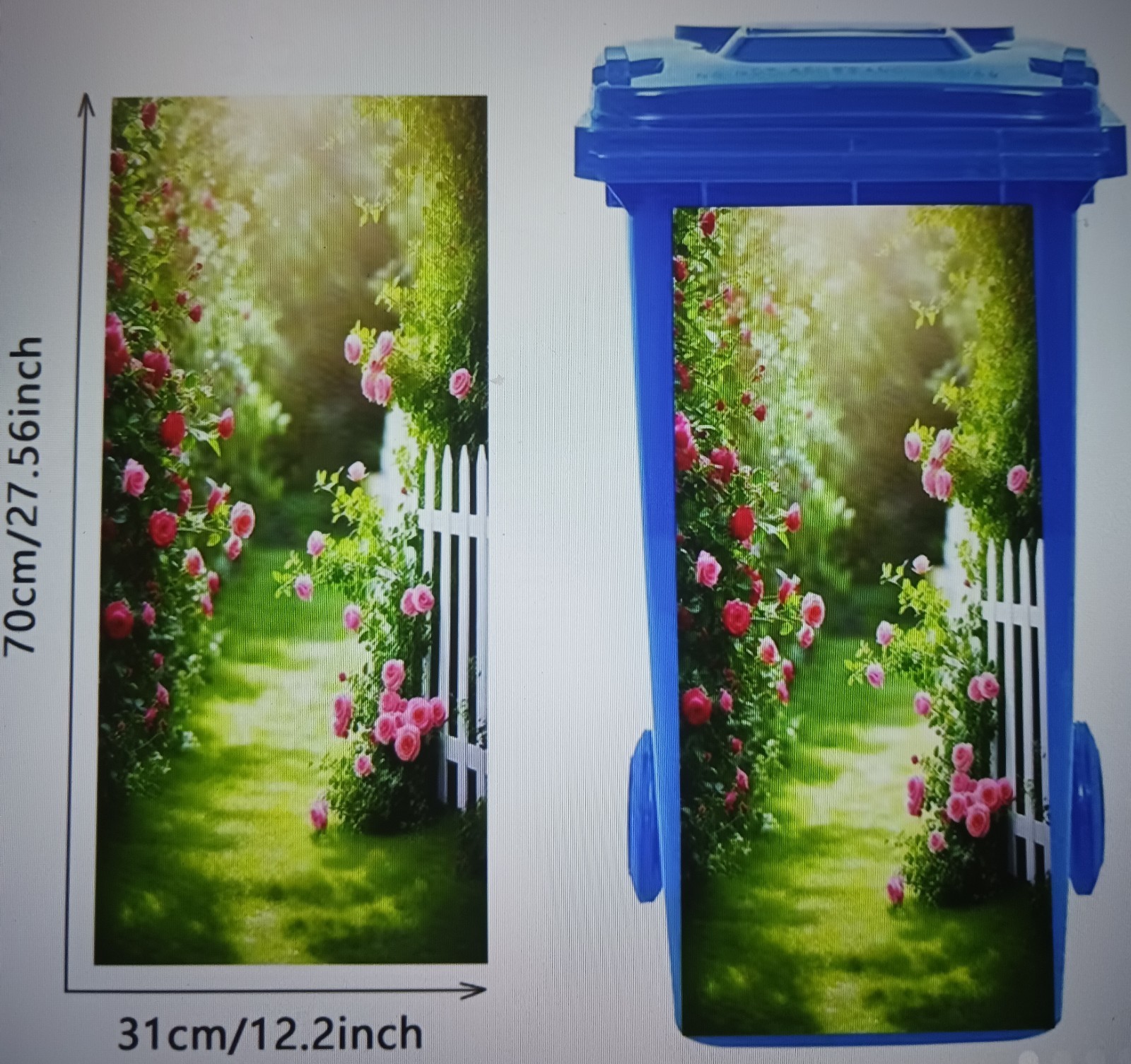 Rose Garden/ PICKET FENCE -Garbage Can Sticker - Pvc DYI/Decor 12"w x 27' H gallery