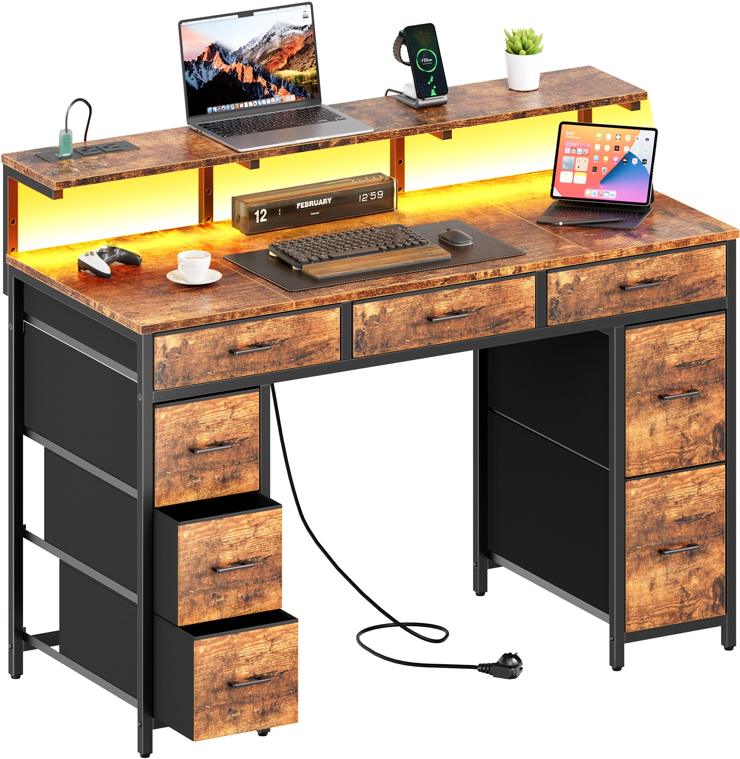 47 Inch Computer Desk with 8 Drawers, Office Desk with Power Outlets & LED Light gallery