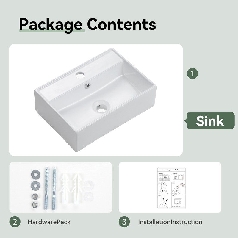 White Ceramic Rectangular Wall Mount Floating Bathroom Vessel Sink 17.7"x 12.2" gallery