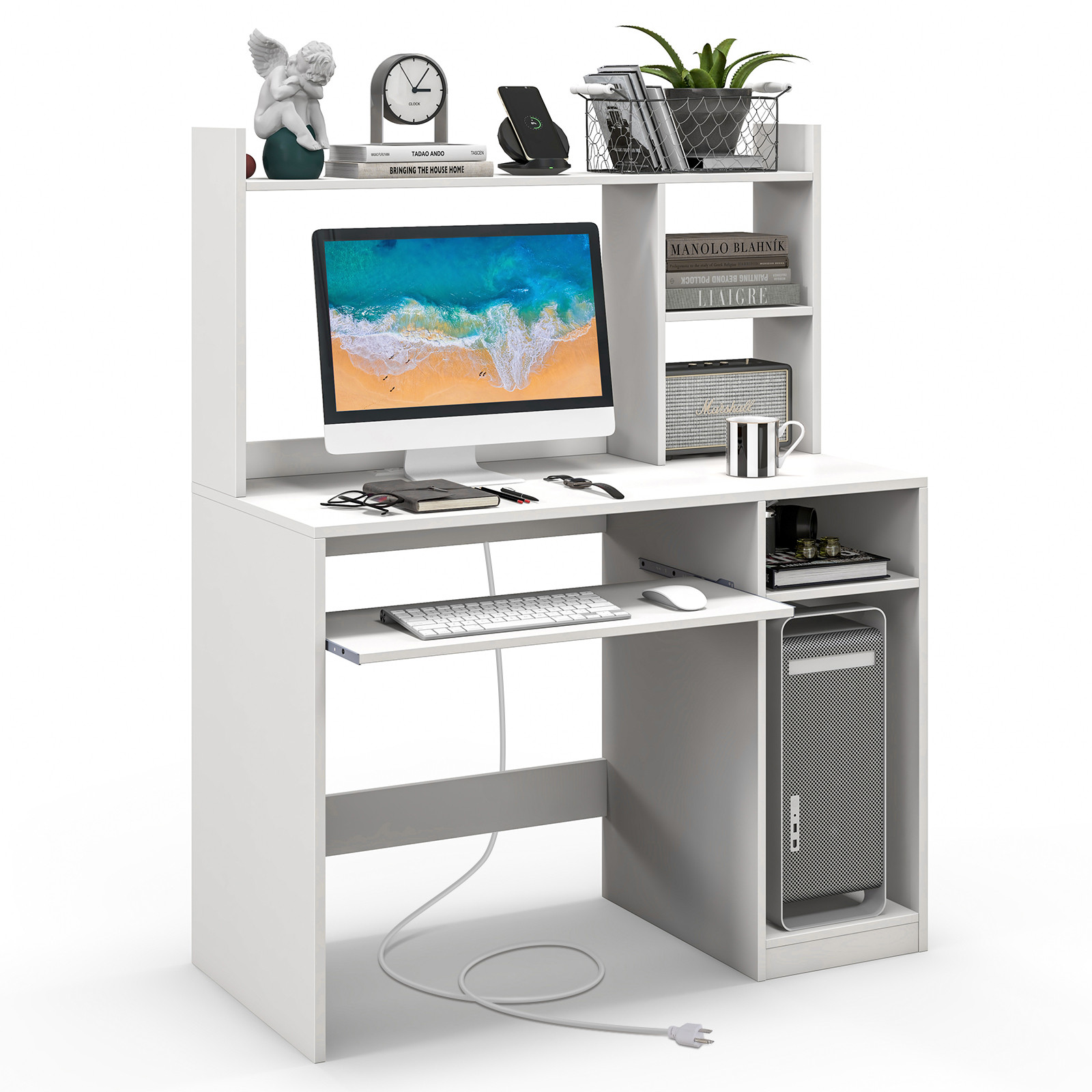 Computer Desk Writing Desk Office Desk w/ Open Shelves & Charging Station White gallery