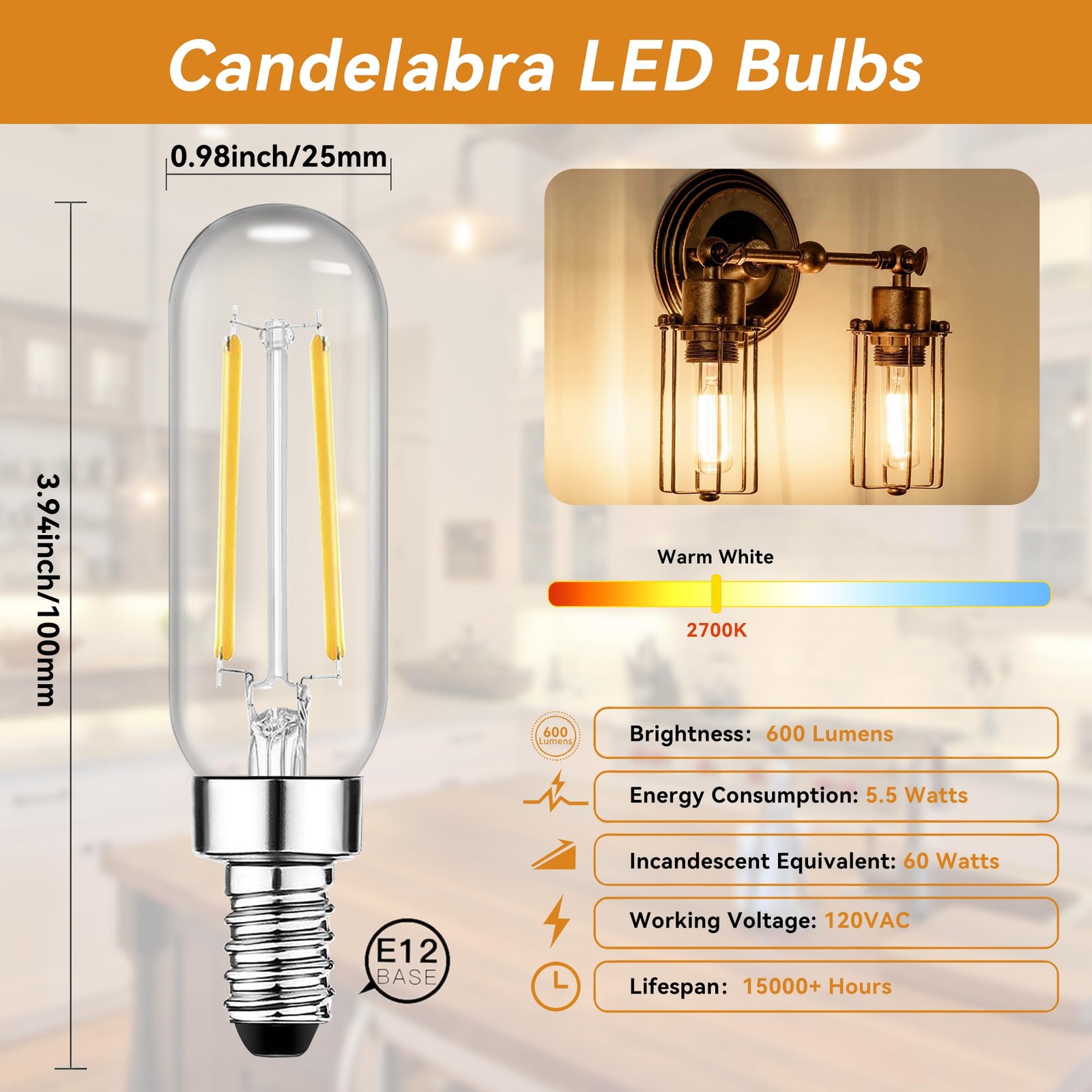 TJOY E12 Candelabra LED Bulb, 60W Equivalent 12 Pack, 2700k 60w 3.94inch gallery