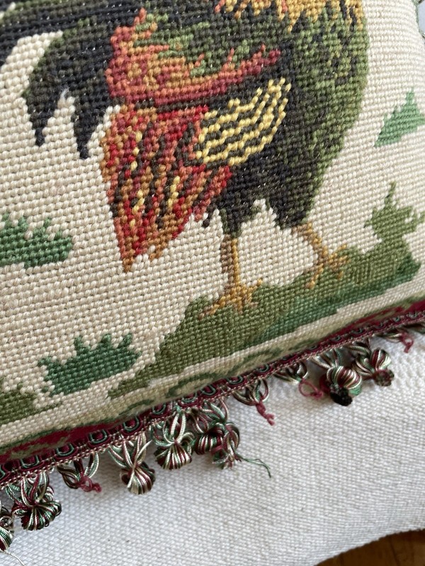 Vintage Needlepoint Rooster Velvet Back Pillow Insert Included Farmhouse gallery