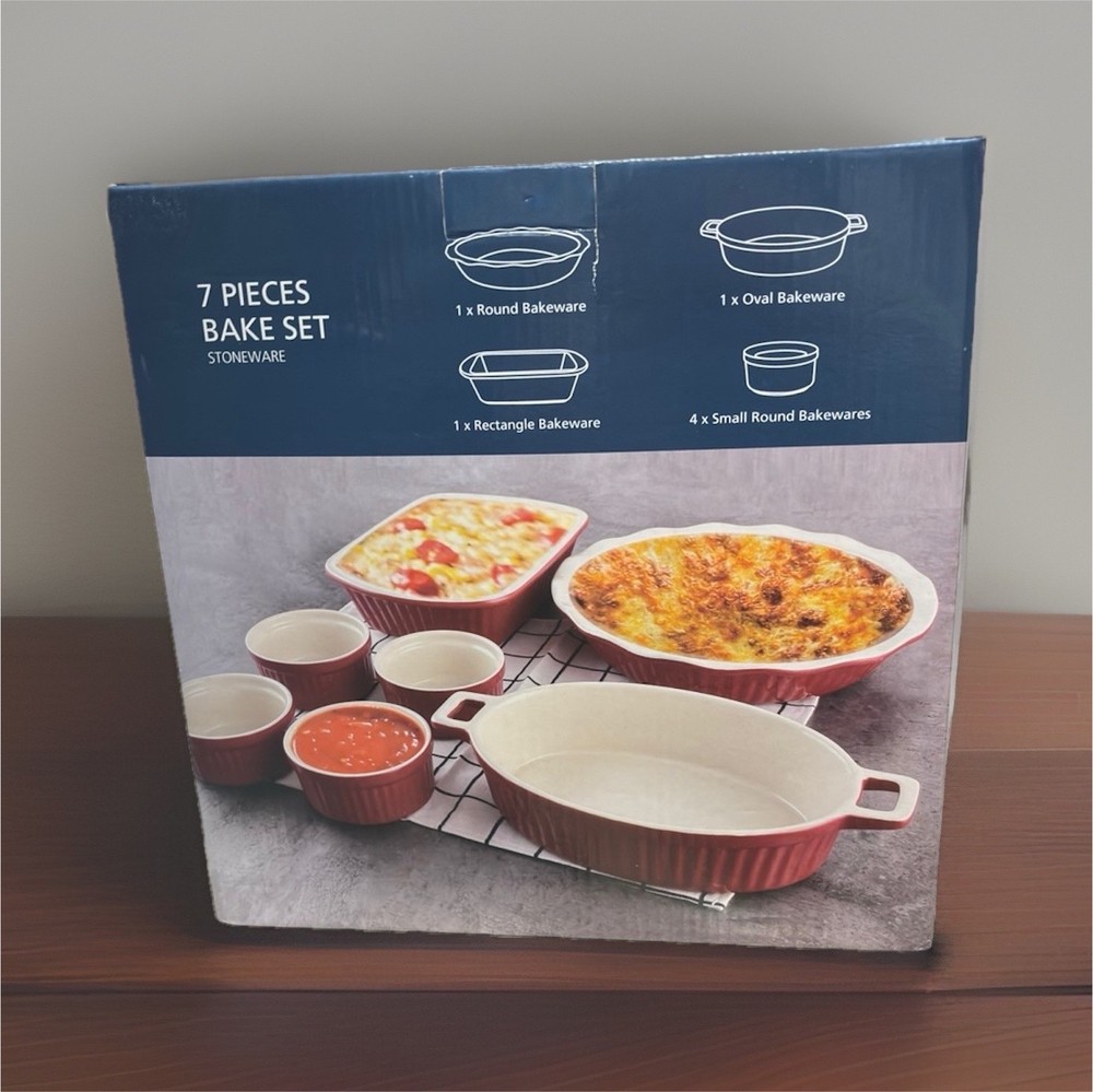 Stoneware Bakeware Set 7-Piece Red White Oven Safe Round Oval Rectangle