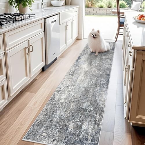 2x8 Washable Non-Slip Hallway Runner Rug – Modern Coastal Abstract Neutral gallery