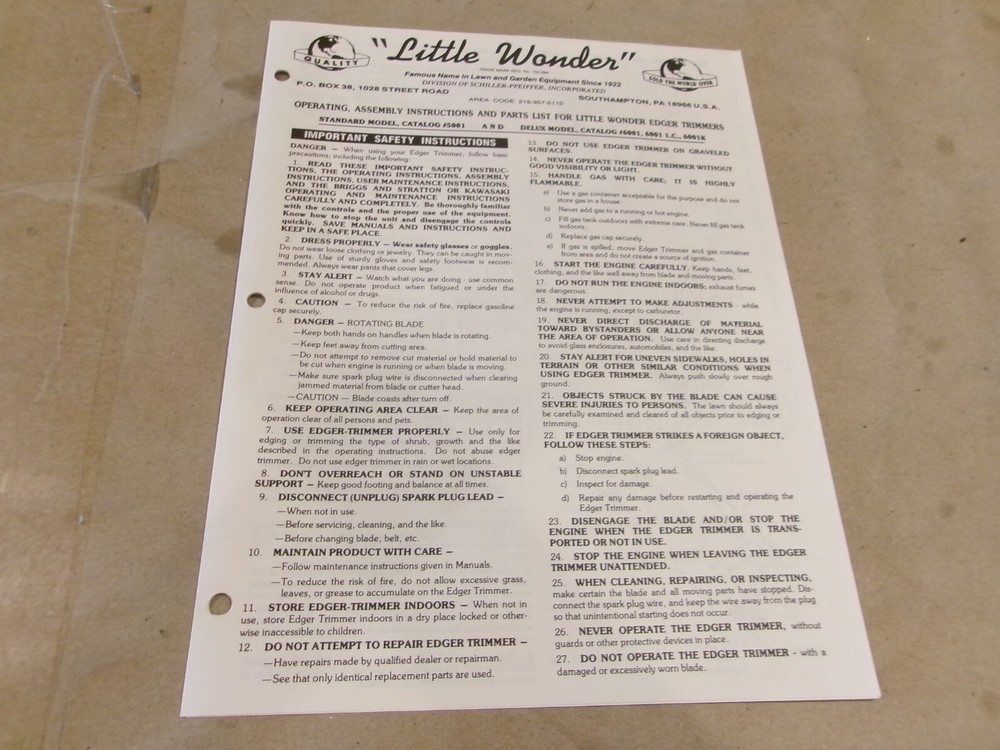 OPERATING, ASSEMBLY INSTRUCTIONS AND PARTS LIST FOR LITTLE WONDER EDGER TRIMMERS