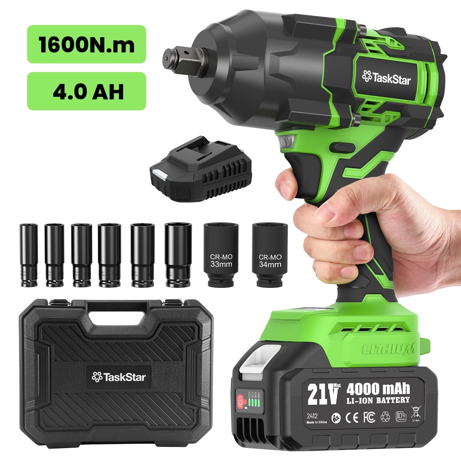 TaskStar Electric Cordless Impact Wrench 1/2" 1180Ft-lbs/1600 Nm 4000mAh Battery gallery