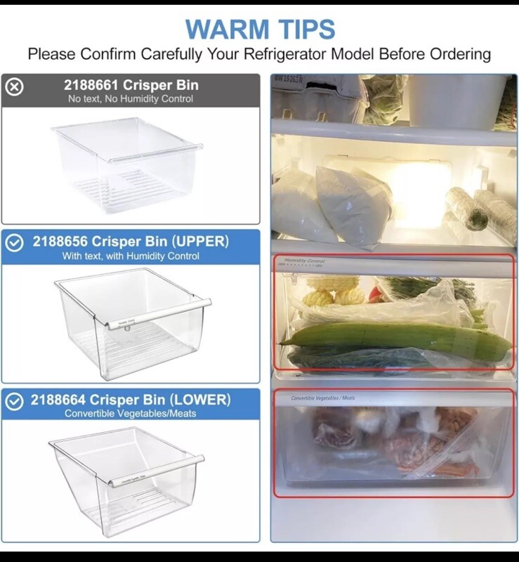 2Pack Upgraded 2188656 (Upper)2188664 (Lower) Fridge Crisper Bin Frigidaire gallery
