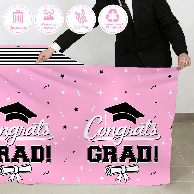 7-Pack Graduation Party Decorations Set, 3 Pink Graduation Tablecloths 54X108In, gallery