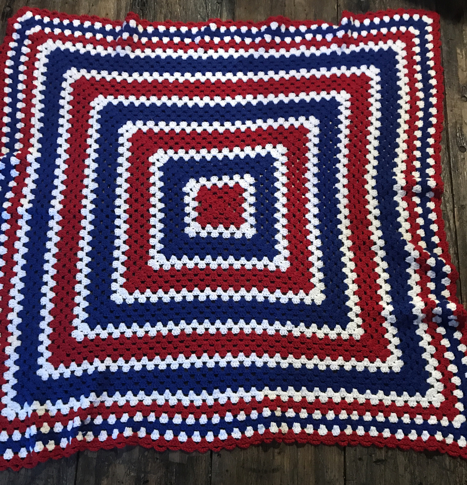 Hand Crochet Square Afghan Blanket 46x47 Red White Blue Vintage 4th Of July gallery