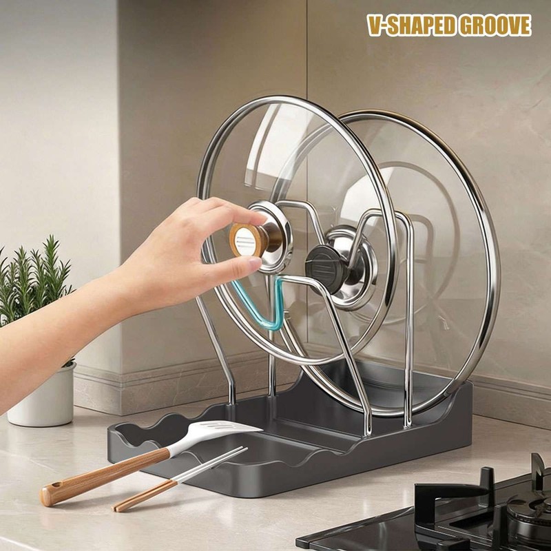 Kitchen Pot Lid Storage Rack Stainless Steel Pot Lid Holder Spoon Rest Organizer gallery
