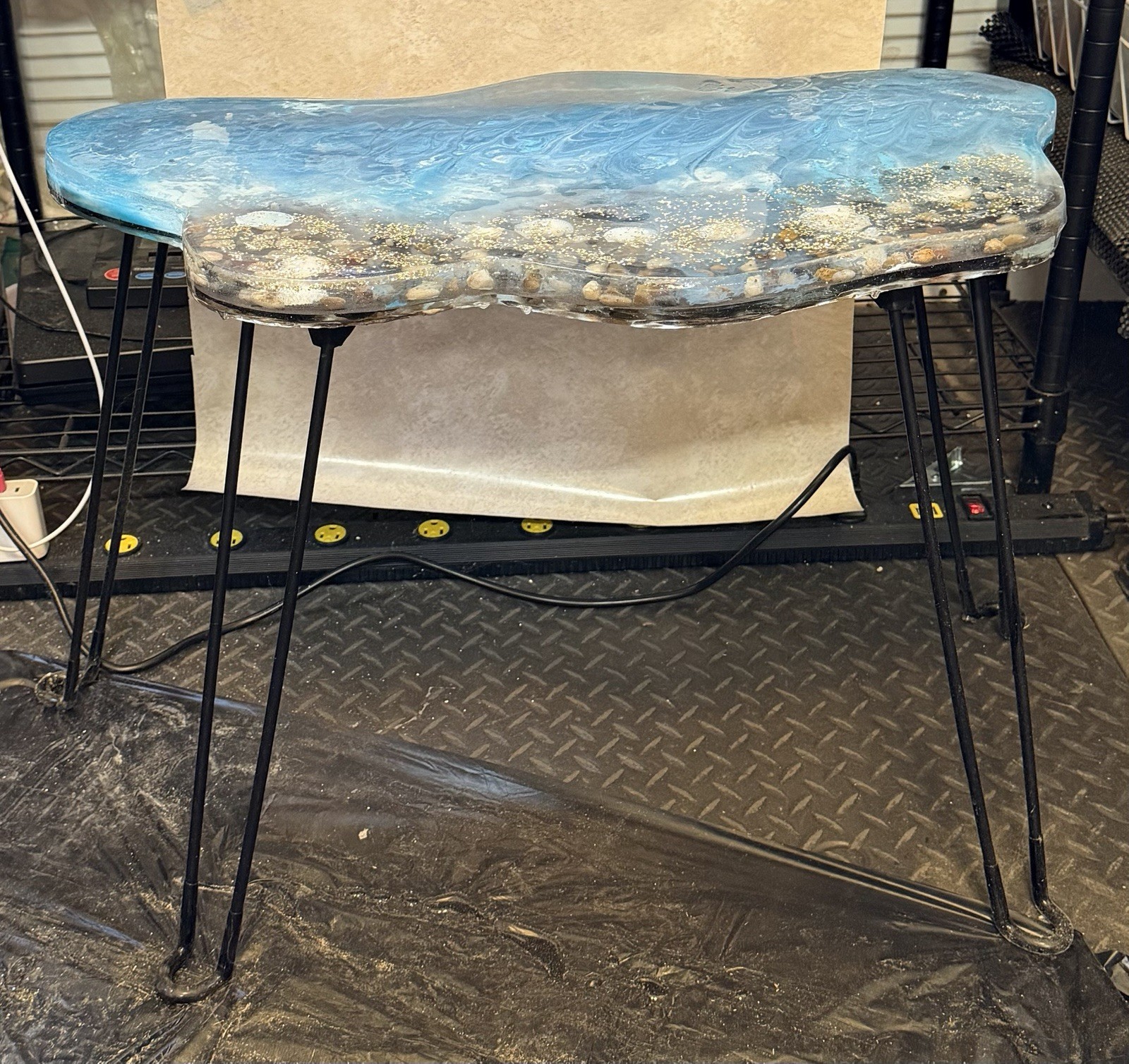 Handmade Resin Coastal Free Form End Table Blue Gold Ocean Theme 24x14.5x17.5in gallery