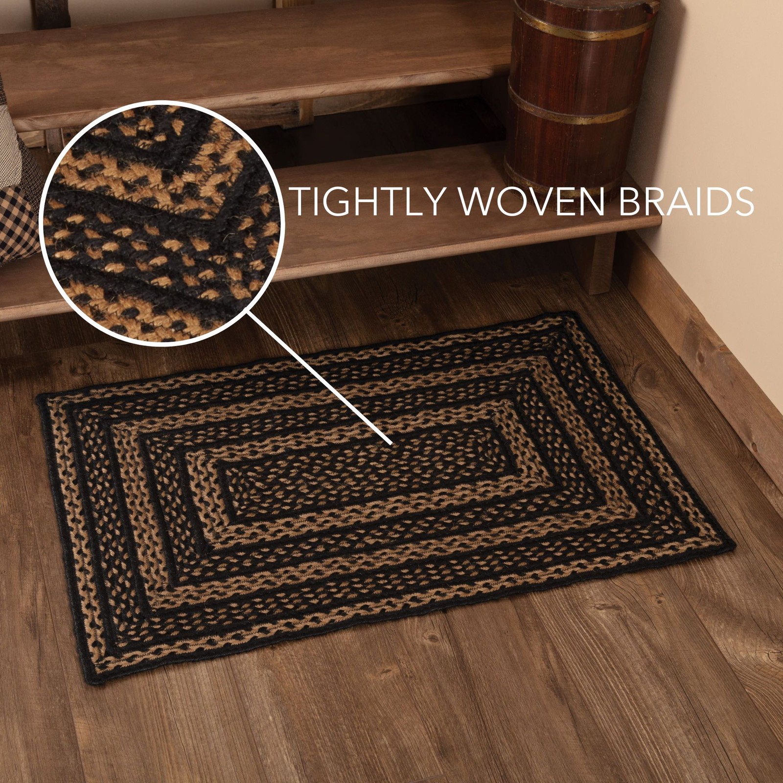 Jute Primitive Accent Rug Black Rectangle Floor Decor 24"x36" VHC Brands gallery