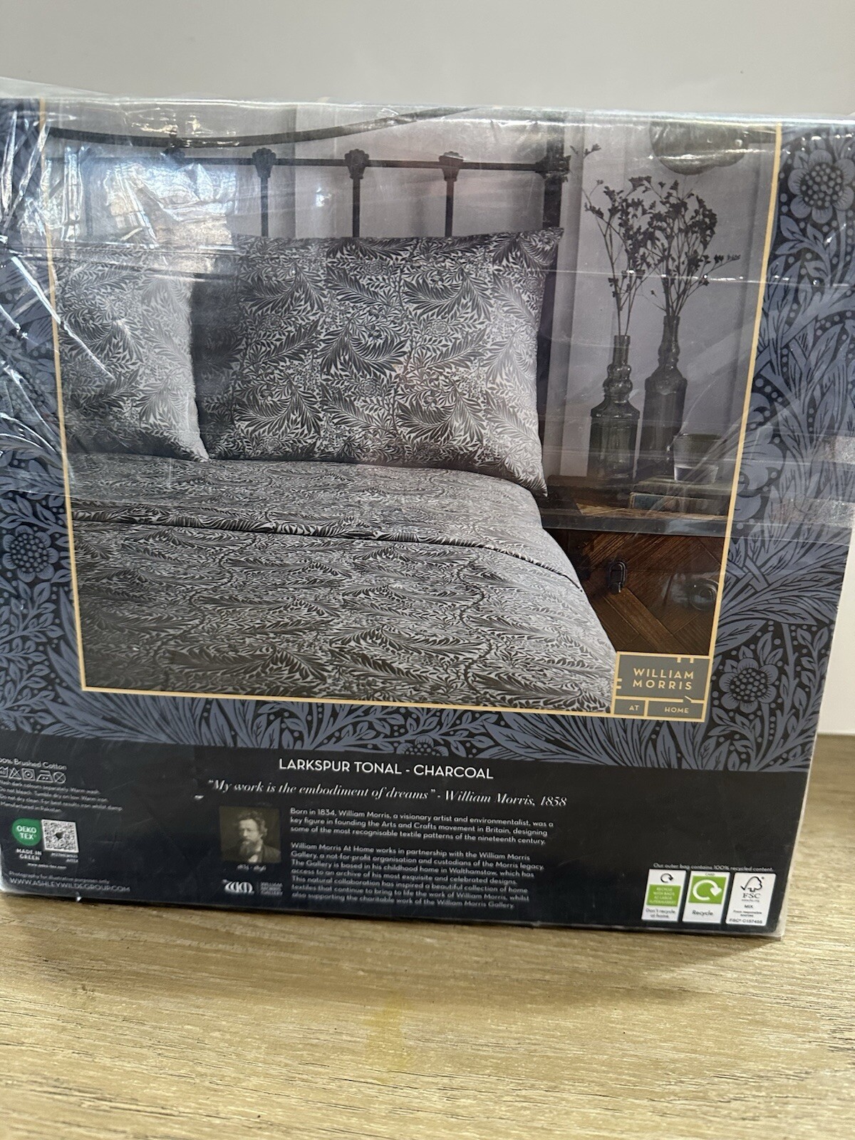 William Morris England Queen Sheet Set Larkspur Charcoal Brushed Cotton gallery