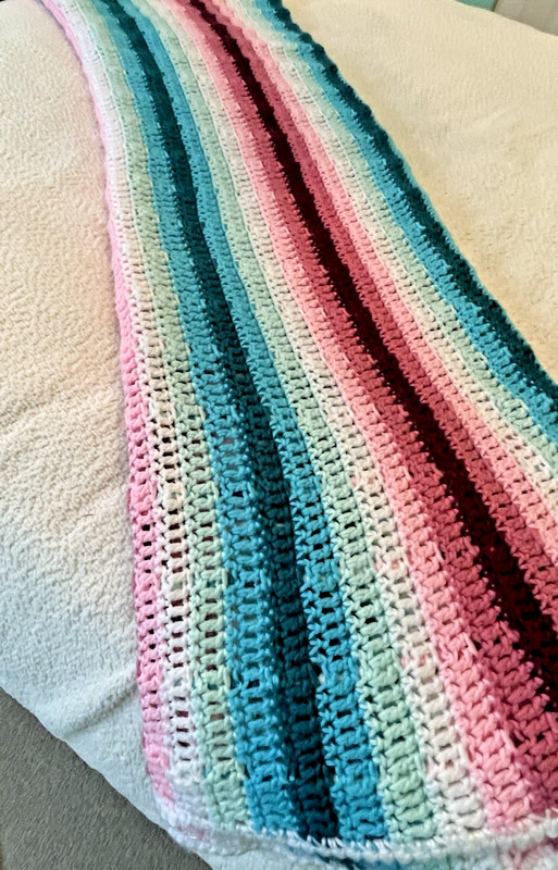 Handmade Crocheted Afghan Striped Pattern 55'x70"/Queen -Pink, teal, mint, white gallery