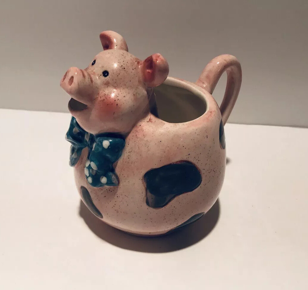 Pink PIG Creamer Pitcher Speckled Pottery Glazed Milk Teal Bow 3/4 Cup EUC gallery