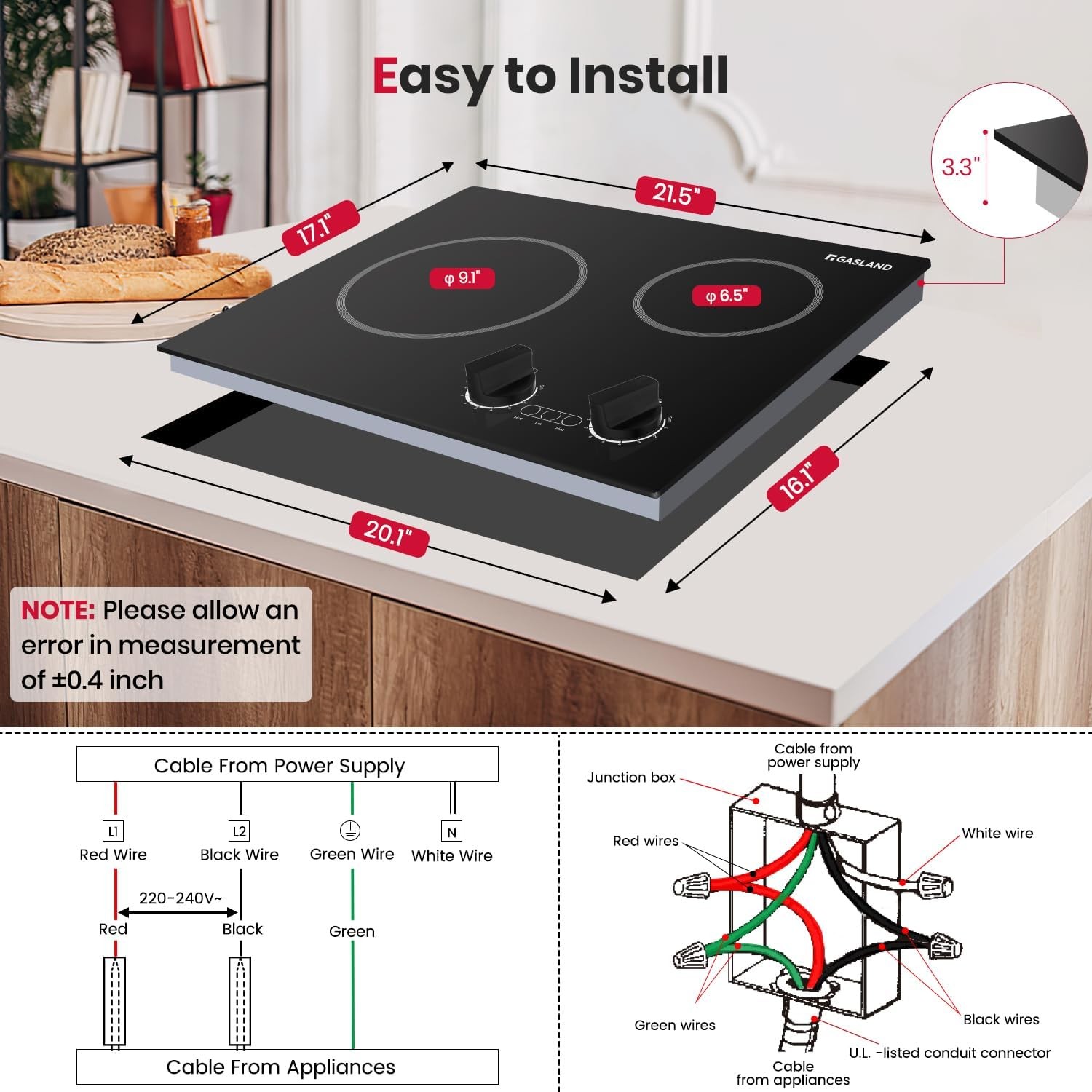 21 In. Electric Cooktop 2 Burners, Built in UL Certified, 3700W Ceramic Stovetop gallery