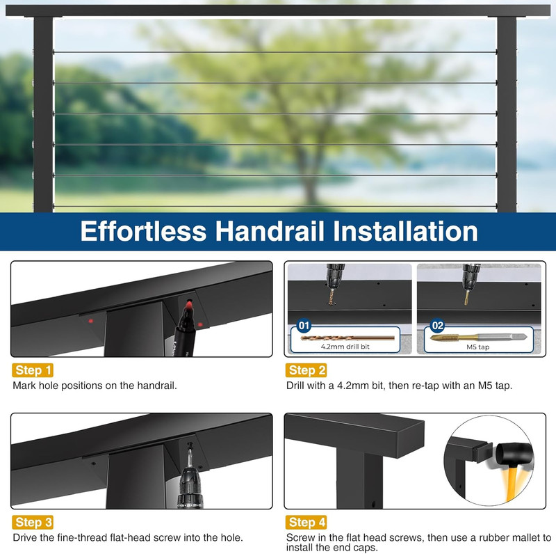 8Ftx2Inx1In Black Cable Railing Handrail 2 Pack, Stainless Steel T304 Rectangula gallery
