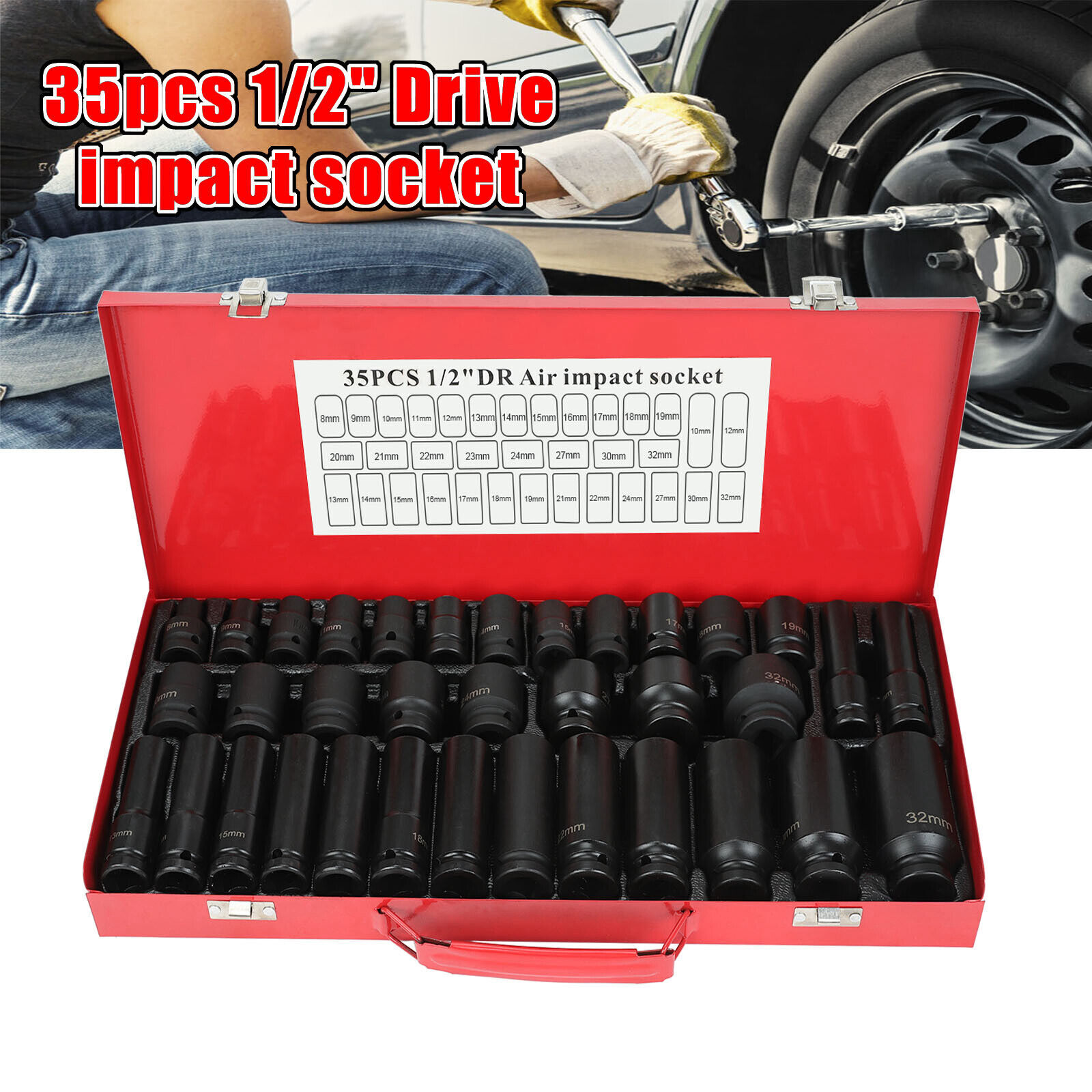35pcs 1/2" Inch Deep Impact Socket Set Drive 8-32mm Metric Garage Sae With Case gallery