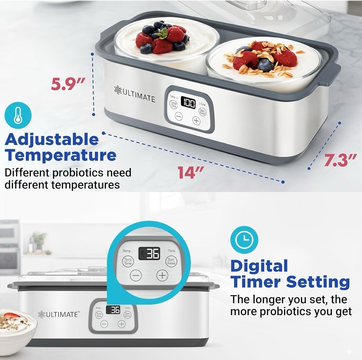 Ultimate Probiotic Yogurt Maker with Adjustable Temperature & Time (2 bowls) gallery