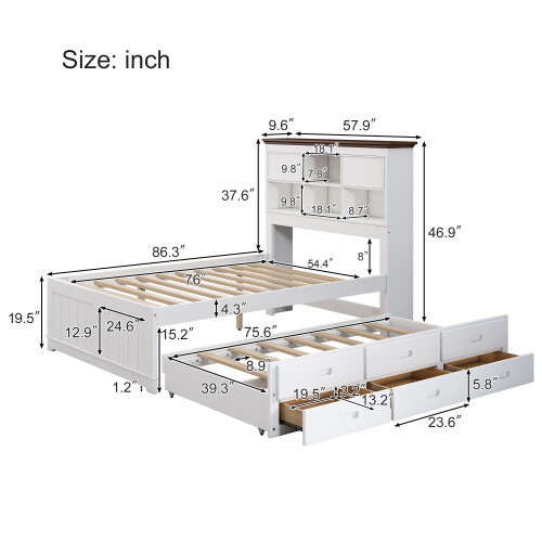 Solid Wood Bedroom Sets Captain Bed with Trundle & 3 Drawers Bookcase Headboard gallery