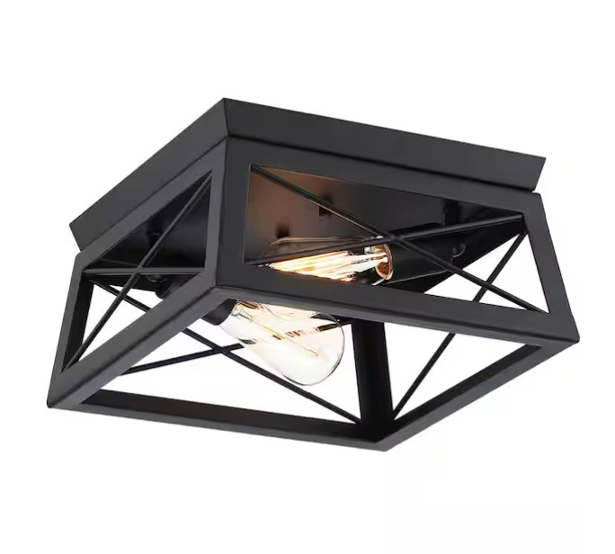 Dawn 2-Light Matte Black Farmhouse Caged Square Ceiling Light Flush Mount gallery
