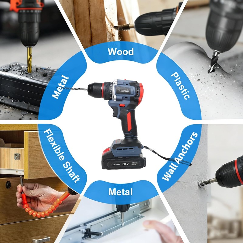 Cordless Drill Set,Electric Power Drill with 2 Battery,60N.m,21+1 Torque,2 Varia gallery