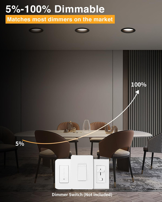 Dimmable 4" LED Downlight, 5CCT Selectable, 12W, 1080LM, 6 Pack, Black gallery