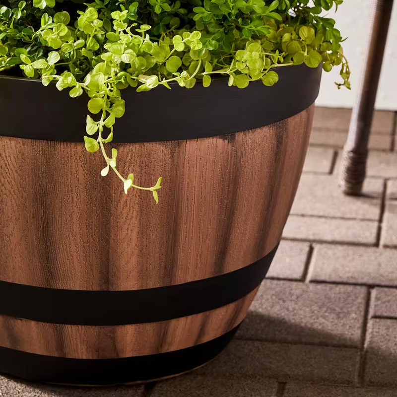 NEW Durable 20in Rustic Brown Resin Barrel Planter Outdoor Decor for Gardens gallery