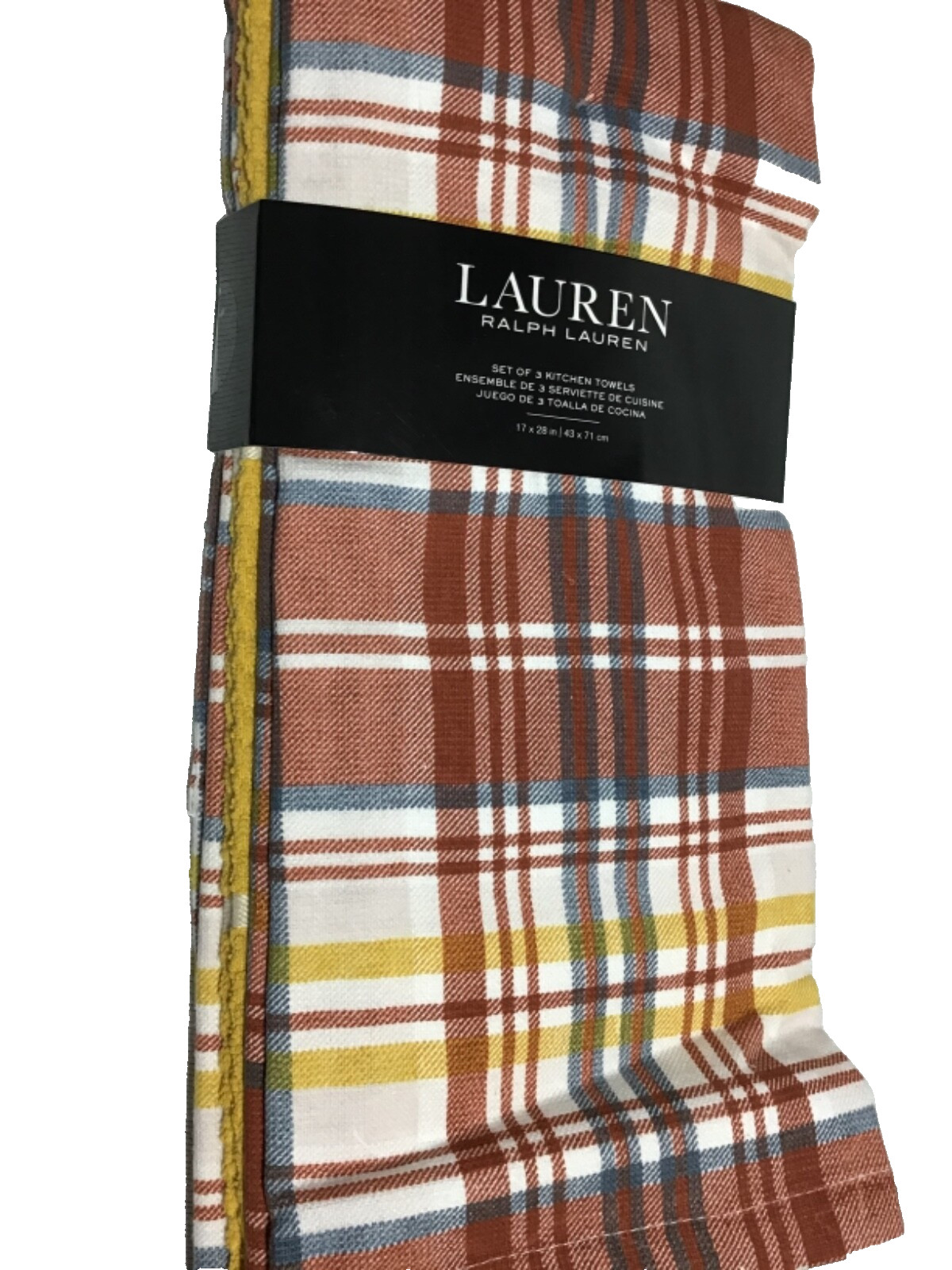 LAUREN RALPH LAUREN (3) KITCHEN TOWELS RUST YELLOW PLAID 17 X 28 COTTON NWT gallery