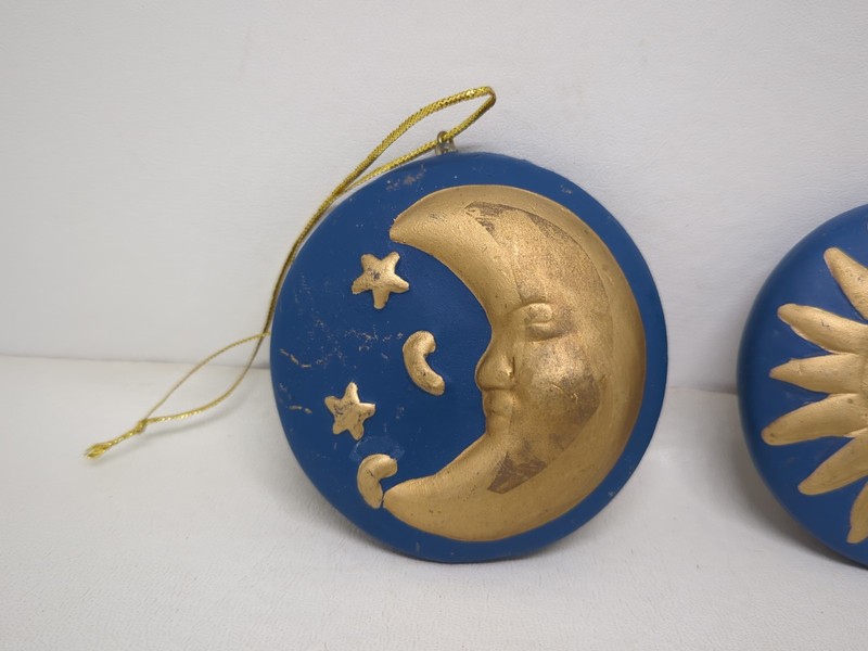 Ceramic Celestial Sun & Moon Ornament Set Blue & Gold 3" Across Double Sided 3D gallery