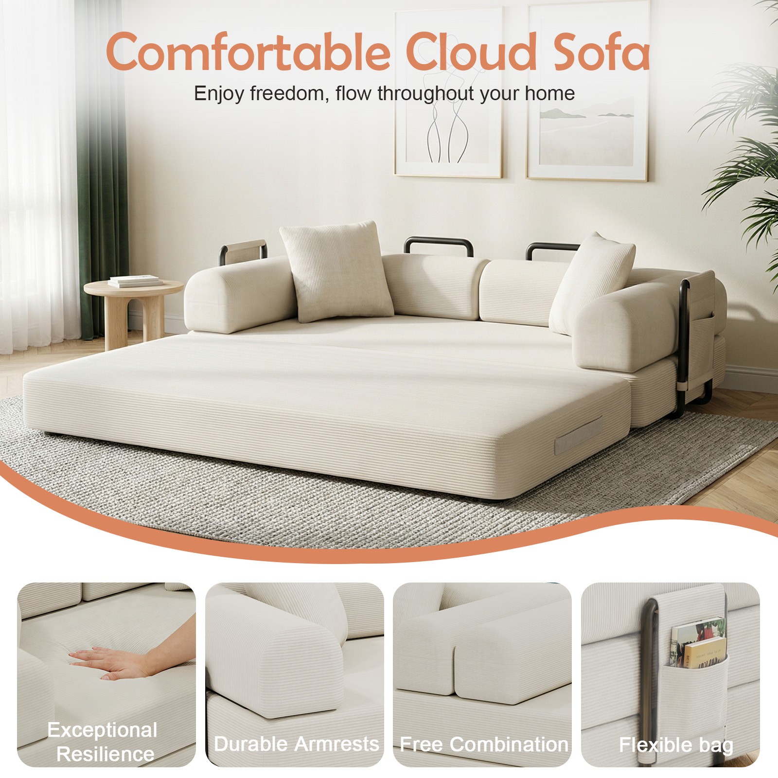Skin-friendly Boneless Sofa, 3-Seat Corduroy Cloud Couch No Assembly Washable gallery