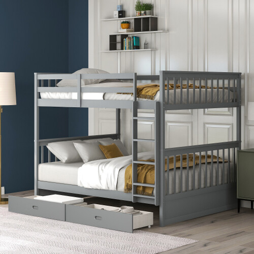 Full Over Full Bunk Bed W/ Storage Drawers Wood Platform Beds Bedroom Furniture gallery